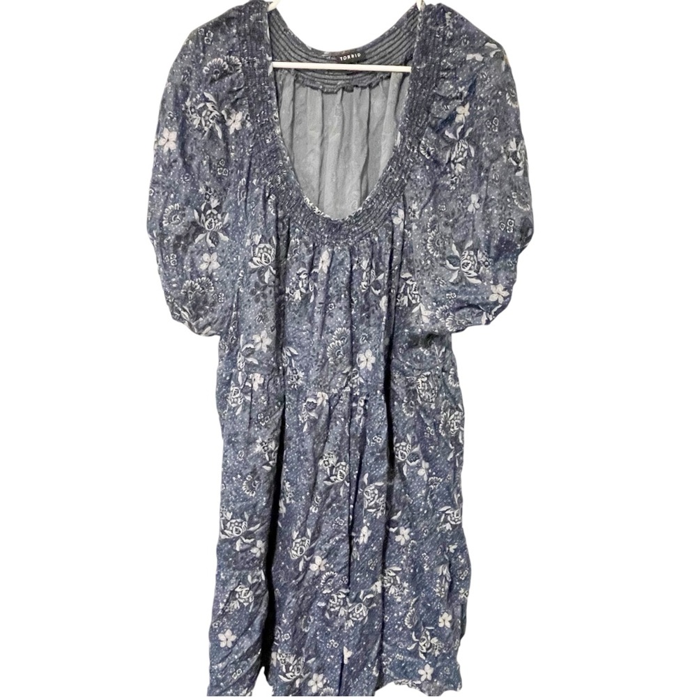 Torrid Floral Dress Womens Plus Size 2X Blue Short Sleeve Pleated Knee High Boho
